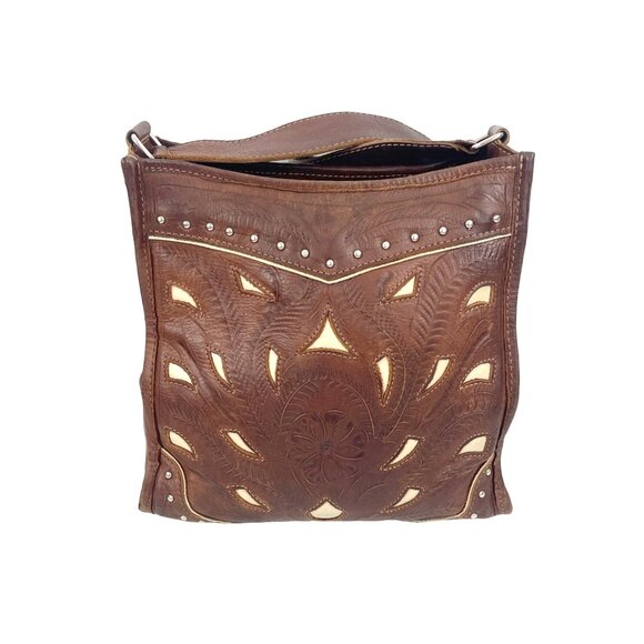 Handcrafted Brown White  Hand Tooled Leather Shoulder Bag Vintage - Picture 10 of 14